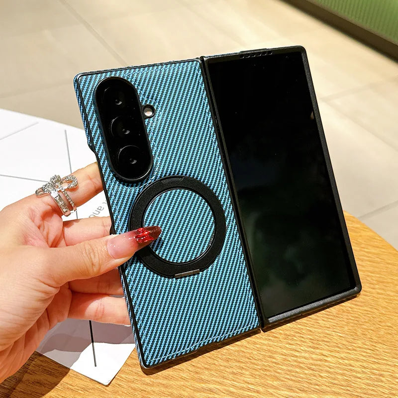 Auto Leather Phone Case for Samsung Galaxy Z Fold 7 Fold6 5 4 3 Magnetic Rotating Alloy Bracket Ring Carbon Fiber Pattern Cover