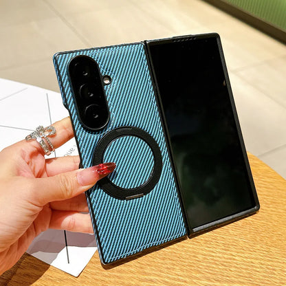 Auto Leather Phone Case for Samsung Galaxy Z Fold 7 Fold6 5 4 3 Magnetic Rotating Alloy Bracket Ring Carbon Fiber Pattern Cover