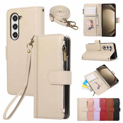 Lanyard+long Strap Crossbody Phone Case for Samsung Galaxy Z Fold 7 Fold6 5 4 3 Zipper&buckle Leather Card Holder Wallet Cover