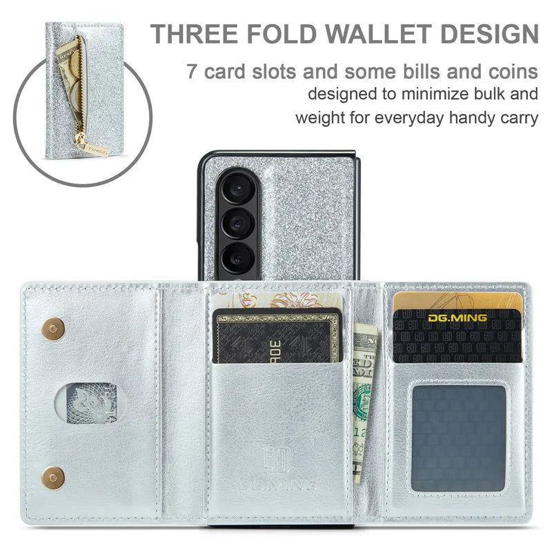 Glitter Magnetic Leather Zip Wallet Phone Case For Samsung Galaxy Z Fold 5 4 3