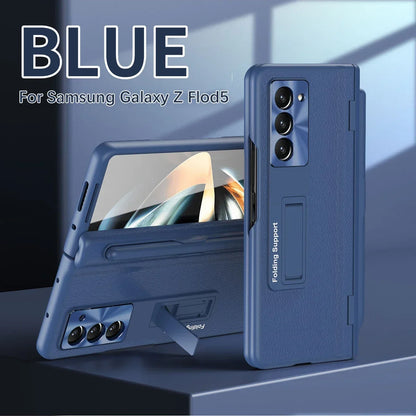 With Touch Pen Case For Samsung Galaxy Z Fold 5 Leather Hinge Fold 6 4 3 Screen Protector Tempered Film Folding Kickstand Cover