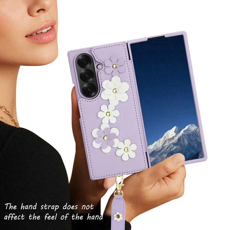 Long Lanyard Leather Wallet Card Slot Phone Case for Samsung Galaxy Z Fold 7 6 5 4 Wrist Strap Flip Purse Holder Cover Back Bag