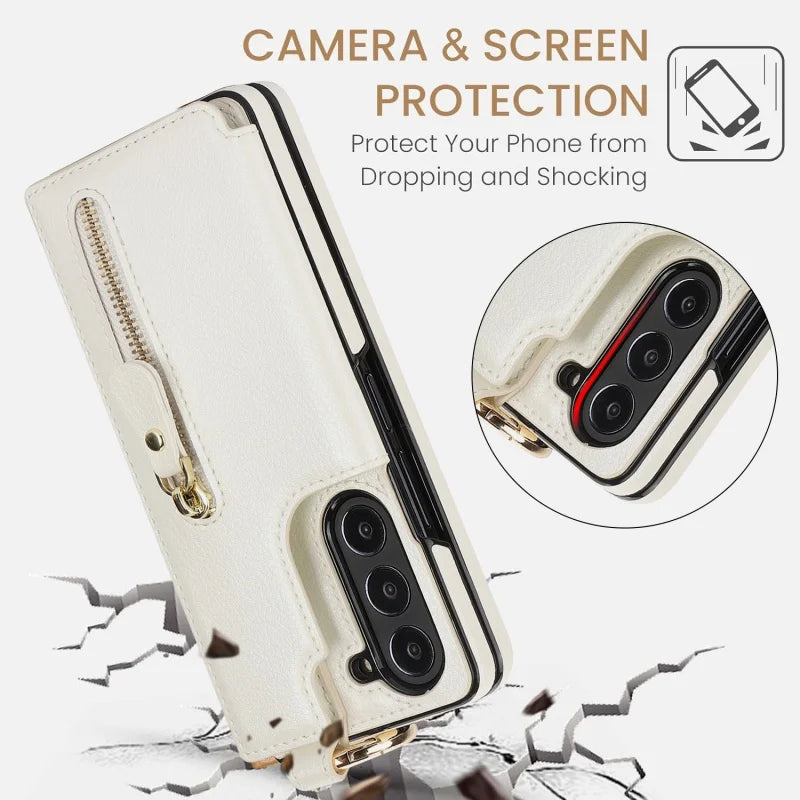 Ring Leather Zipper Wallet Card Slot Phone Case for Samsung Galaxy Z Fold 7 6 5 4 3 Shock Proof Flip Purse Holder Cover Hoesje