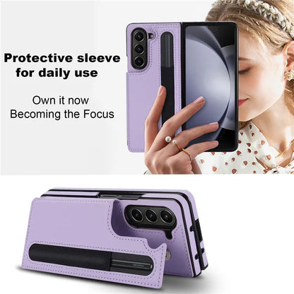 Pen Slot Leather Wallet Card Phone Case for Samsung Galaxy Z Fold 7 6 5 4 3 Fold6 Fold5 Fold4 Fold3 Retor Flip Stand Cover Etui