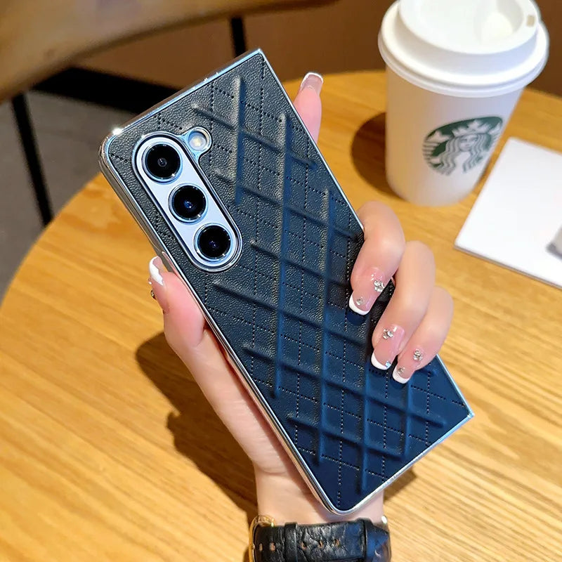 Phone Case for Samsung Galaxy Z Fold 7 6 5 4 Z Electroplated Diamond Grid Pattern PU Leather Luxury Hard Cover