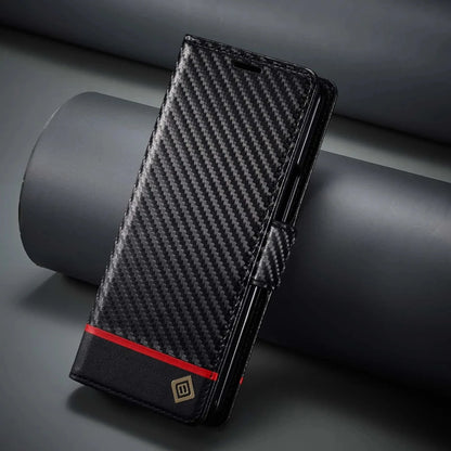 ZFold 7 Carbon Fiber Texture Phone Case for Samsung Galaxy Z Fold 7 6 5 4 3 W23 W22 5G Buckle Pu Leather Card Slot Holder Wallet