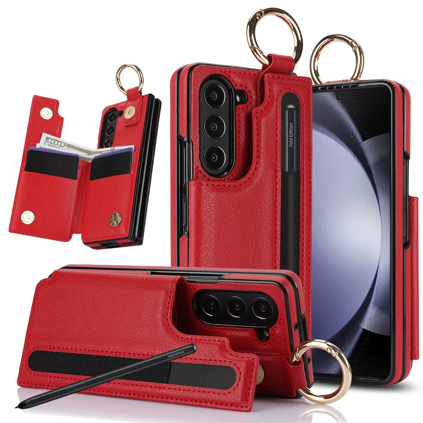 Fold7 Ring&Pen Slot Pu Leather Phone Case for Samsung Galaxy Z Fold 7 6 5 4 3 Metal Double Buckle Flip Card Holder Wallet Cover