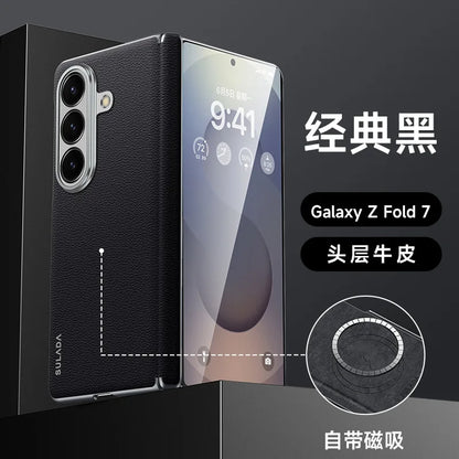 First Layer Cowhide Leather Phone Case for Samsung Galaxy Z Fold 7 Fold7 Metal Lens Protection Magnetic Attraction Hard Cover