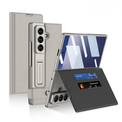 Fold7 Film+Phone Case for Samsung Galaxy Z Fold 7 Card Holder Magnetic Buckle Wallet Flip Wireless Charging Stand Leather Cover