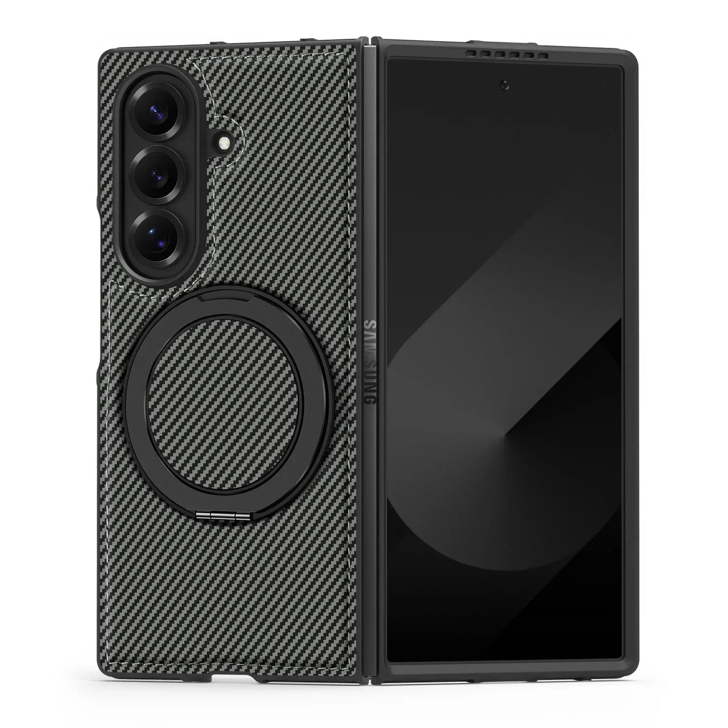 Auto Leather Phone Case for Samsung Galaxy Z Fold 7 Fold6 5 4 3 Magnetic Rotating Alloy Bracket Ring Carbon Fiber Pattern Cover