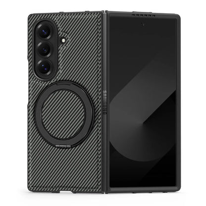 Auto Leather Phone Case for Samsung Galaxy Z Fold 7 Fold6 5 4 3 Magnetic Rotating Alloy Bracket Ring Carbon Fiber Pattern Cover