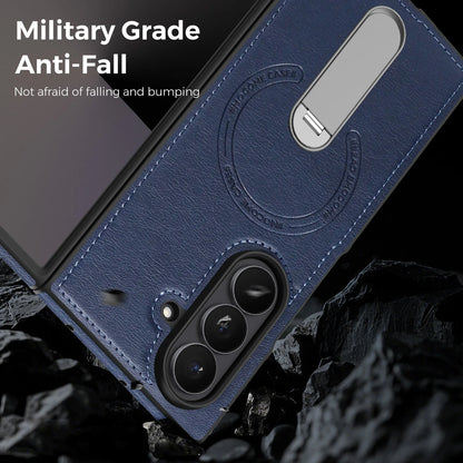 Fold 7 Strong Magnetic Phone Case for Samsung Galaxy Z Fold 7 6 5 4 3 Wireless Charging Metal Rotating Bracket Pu Leather Cover