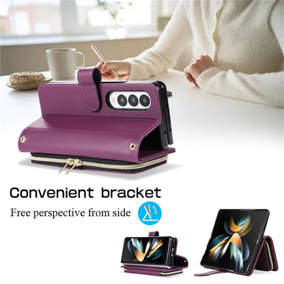 Crossbody Lanyard Zip Leather Wallet Card Phone Case for Samsung Galaxy Z Fold 7 6 5 4 3 Luxury Wrist Rope Flip Stand Cover Bag