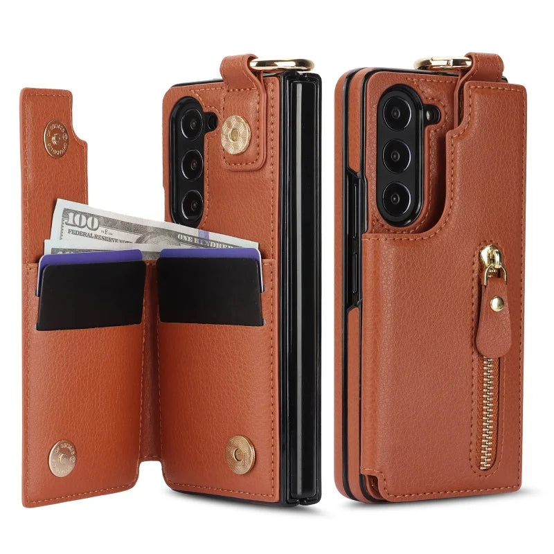 Ring Leather Zipper Wallet Card Slot Phone Case for Samsung Galaxy Z Fold 7 6 5 4 3 Shock Proof Flip Purse Holder Cover Hoesje