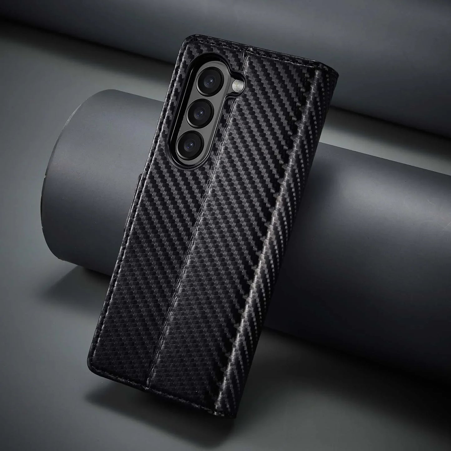 ZFold 7 Carbon Fiber Texture Phone Case for Samsung Galaxy Z Fold 7 6 5 4 3 W23 W22 5G Buckle Pu Leather Card Slot Holder Wallet