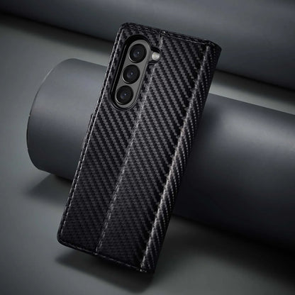 ZFold 7 Carbon Fiber Texture Phone Case for Samsung Galaxy Z Fold 7 6 5 4 3 W23 W22 5G Buckle Pu Leather Card Slot Holder Wallet