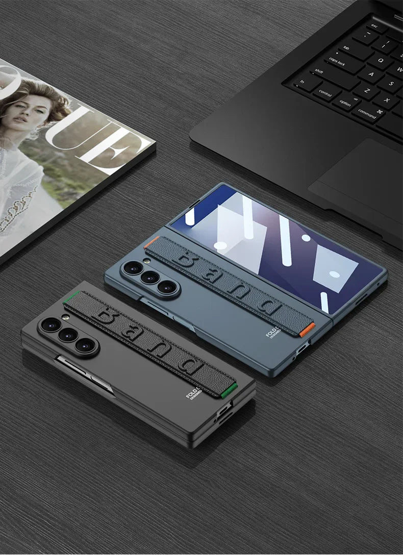 ZFold 7 High-end Screen Film+Phone Case for Samsung Galaxy Z Fold 7 6 Slim Elastic Wristband Wireless Charging Tough Pc Cover