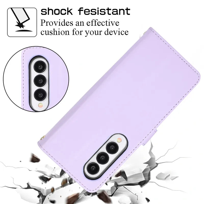 Crossbody Lanyard Zip Leather Wallet Card Phone Case for Samsung Galaxy Z Fold 7 6 5 4 3 Luxury Wrist Rope Flip Stand Cover Bag