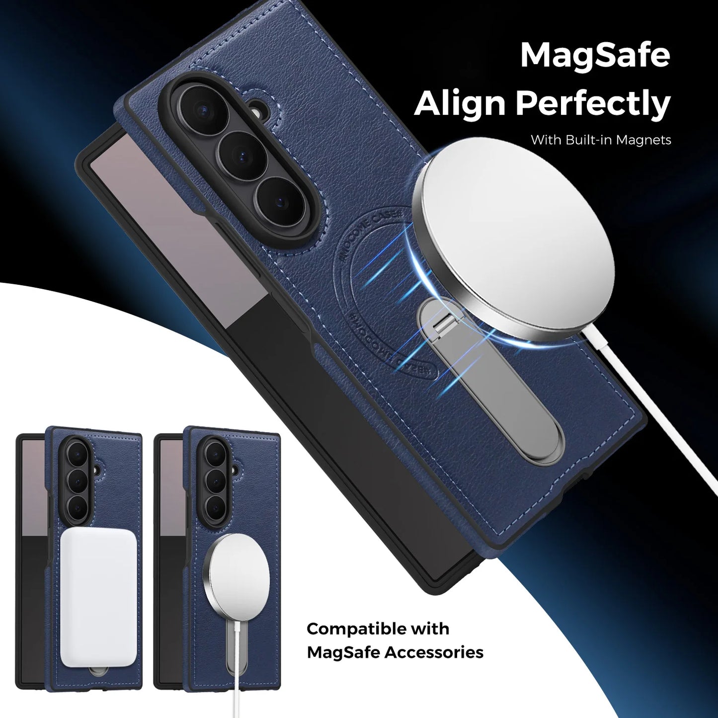 Fold 7 Strong Magnetic Phone Case for Samsung Galaxy Z Fold 7 6 5 4 3 Wireless Charging Metal Rotating Bracket Pu Leather Cover