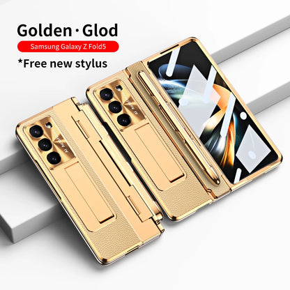 Coque With S Pen Plating Leather Case For Samsung Galaxy Z Fold 7 6 5 4 360 Full Protection Tempered Glass Kickstand Phone Cover