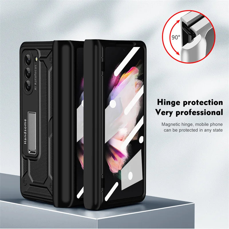 For Samsung Galaxy Z Fold 5 4 3 2 5G Armor Hinge Hidden Bracket PC Phone Case Screen Protector Film Shockproof Protector Case