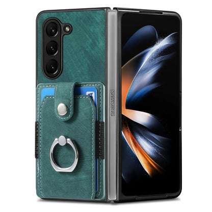 Z Fold 7 Retro Pu Leather Phone Case for Samsung Galaxy Z Fold 6 5 4 3 Magnetic Hardware Ring&buckle Card Slot Bag Bracket Cover
