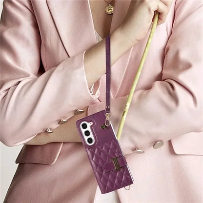 Crossbody Lanyard Leather Wallet Card Phone Case for Samsung Galaxy Z Fold 7 6 5 4 3 Fold6 Fold5 Fold4 Fold3 Wrist Rope Cover