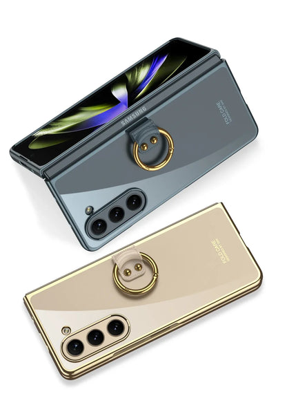 Luxury Plating HD Transparent Case for Samsung Galaxy Z Fold 6 5 5G Case with Ring Metal Ring Clear Shockproof Shell Case
