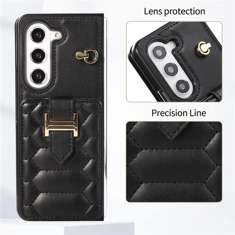 Crossbody Lanyard Leather Phone Case for Samsung Galaxy Z Fold 6 5 4 3 Fold6 Fold5 Fold4 Fold3 Wrist Rope Wallet Card Cover Etui