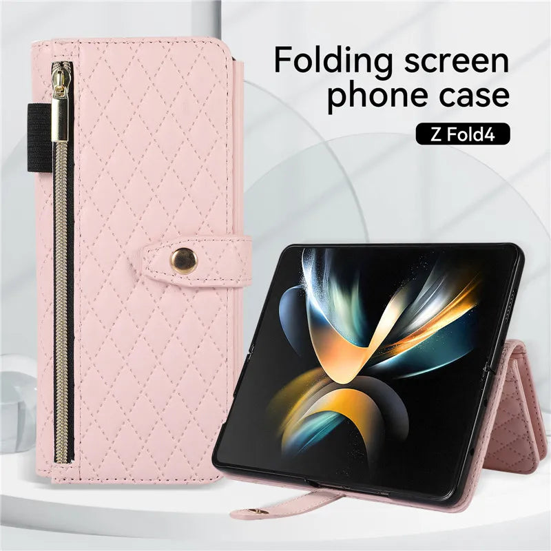 Luxury Lanyard Leather Flip Stand Phone Case for Samsung Galaxy Z Fold 7 6 5 4 3 Fold6 Fold5 Fold3 Fold4 Zip Wallet Card Cover