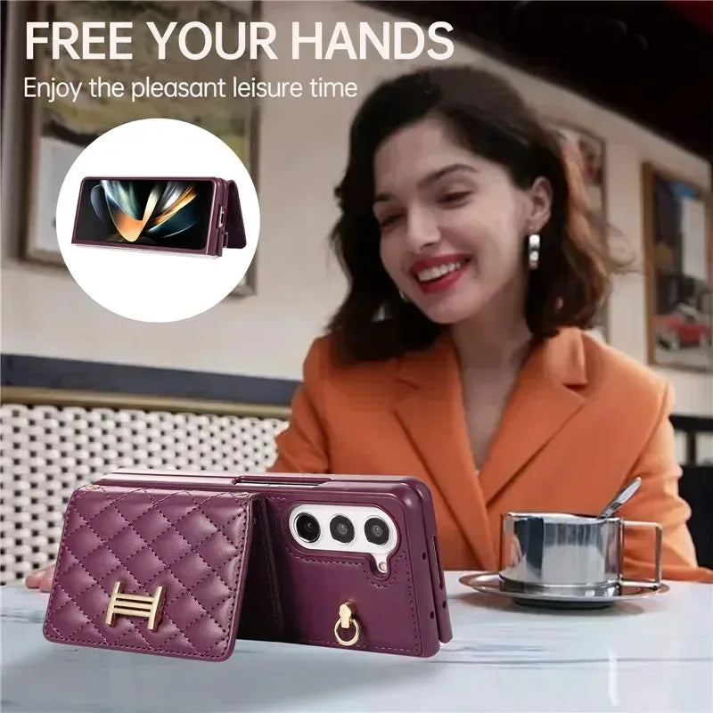 Crossbody Lanyard Leather Wallet Card Phone Case for Samsung Galaxy Z Fold 7 6 5 4 3 Fold6 Fold5 Fold4 Fold3 Wrist Rope Cover