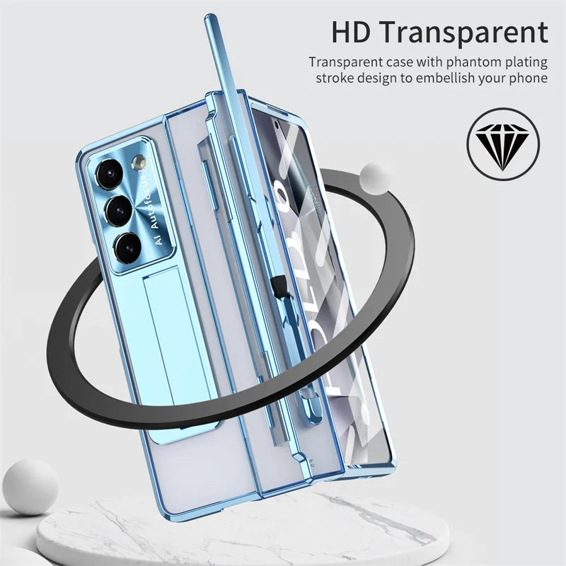 For Samsung Z Fold 5 6 Folding Armor Phantom Stand Phone Case or Samsung Z Fold 3 4 Pen Slot with Tempered Film Protective Cover