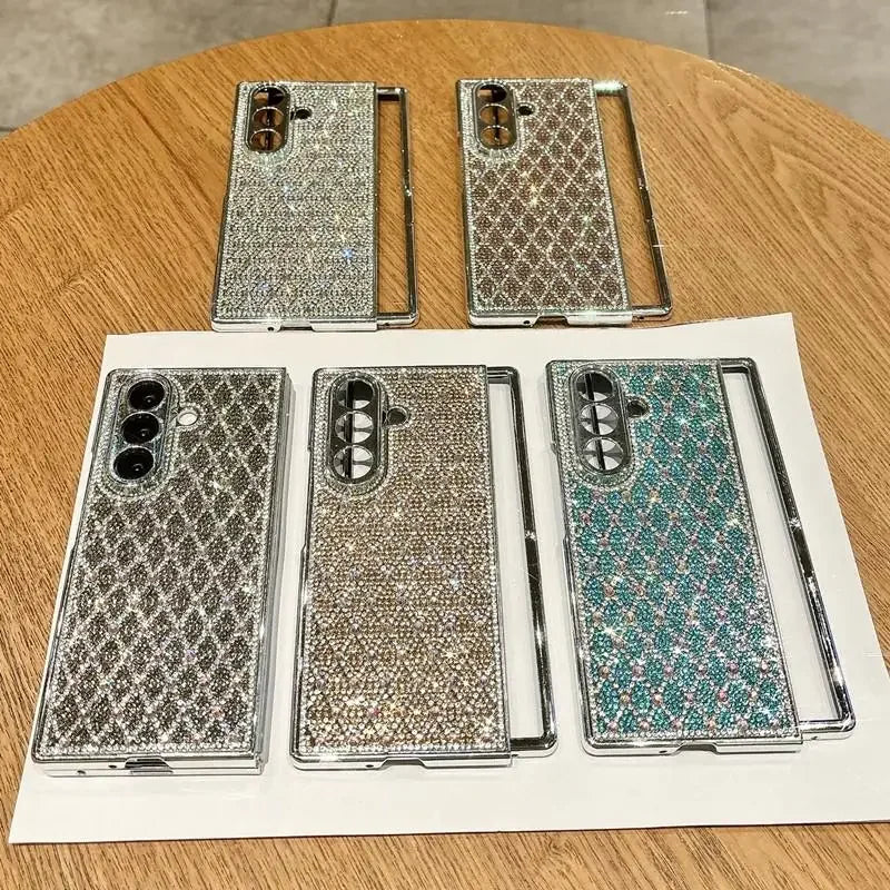 Glitter Bling Plaid Diamond Phone Case For Samsung Galaxy Z Fold 7 Fold6 ZFold 5 4 Luxury Rhinestone High-end Plating Hard Cover