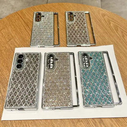 Glitter Bling Plaid Diamond Phone Case For Samsung Galaxy Z Fold 7 Fold6 ZFold 5 4 Luxury Rhinestone High-end Plating Hard Cover
