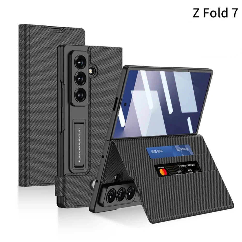 Fold7 Film+Phone Case for Samsung Galaxy Z Fold 7 Card Holder Magnetic Buckle Wallet Flip Wireless Charging Stand Leather Cover