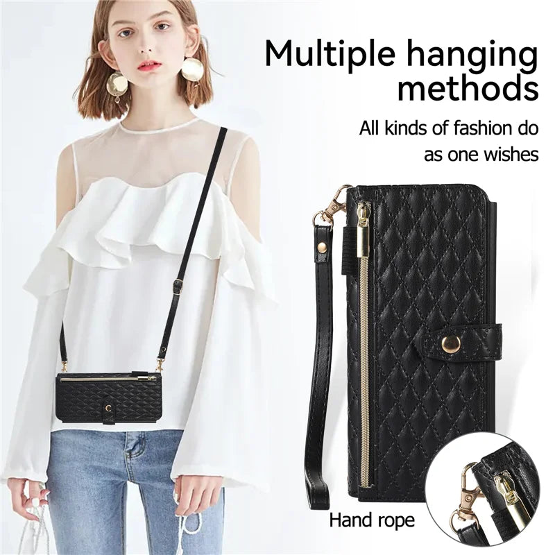 Luxury Lanyard Leather Flip Stand Phone Case for Samsung Galaxy Z Fold 7 6 5 4 3 Fold6 Fold5 Fold3 Fold4 Zip Wallet Card Cover