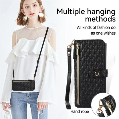 Luxury Lanyard Leather Flip Stand Phone Case for Samsung Galaxy Z Fold 7 6 5 4 3 Fold6 Fold5 Fold3 Fold4 Zip Wallet Card Cover