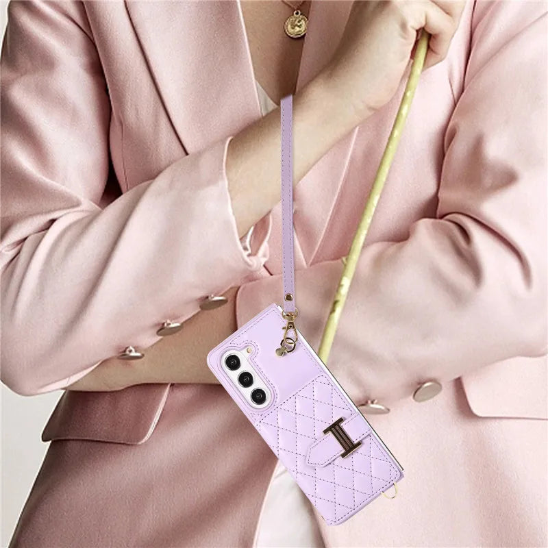 Crossbody Lanyard Leather Wallet Card Phone Case for Samsung Galaxy Z Fold 7 6 5 4 3 Fold6 Fold5 Fold4 Fold3 Wrist Rope Cover