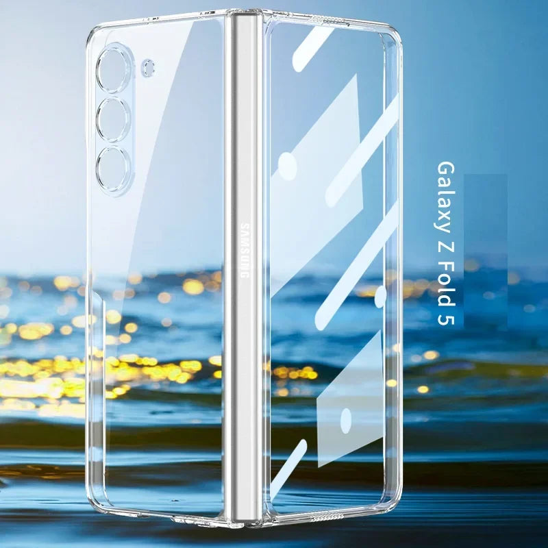 Luxury Plating HD Transparent Case for Samsung Galaxy Z Fold 6 5 5G Case with Ring Metal Ring Clear Shockproof Shell Case