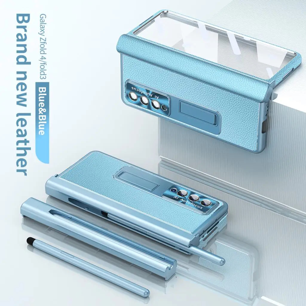 Coque With S Pen Plating Leather Case For Samsung Galaxy Z Fold 7 6 5 4 360 Full Protection Tempered Glass Kickstand Phone Cover