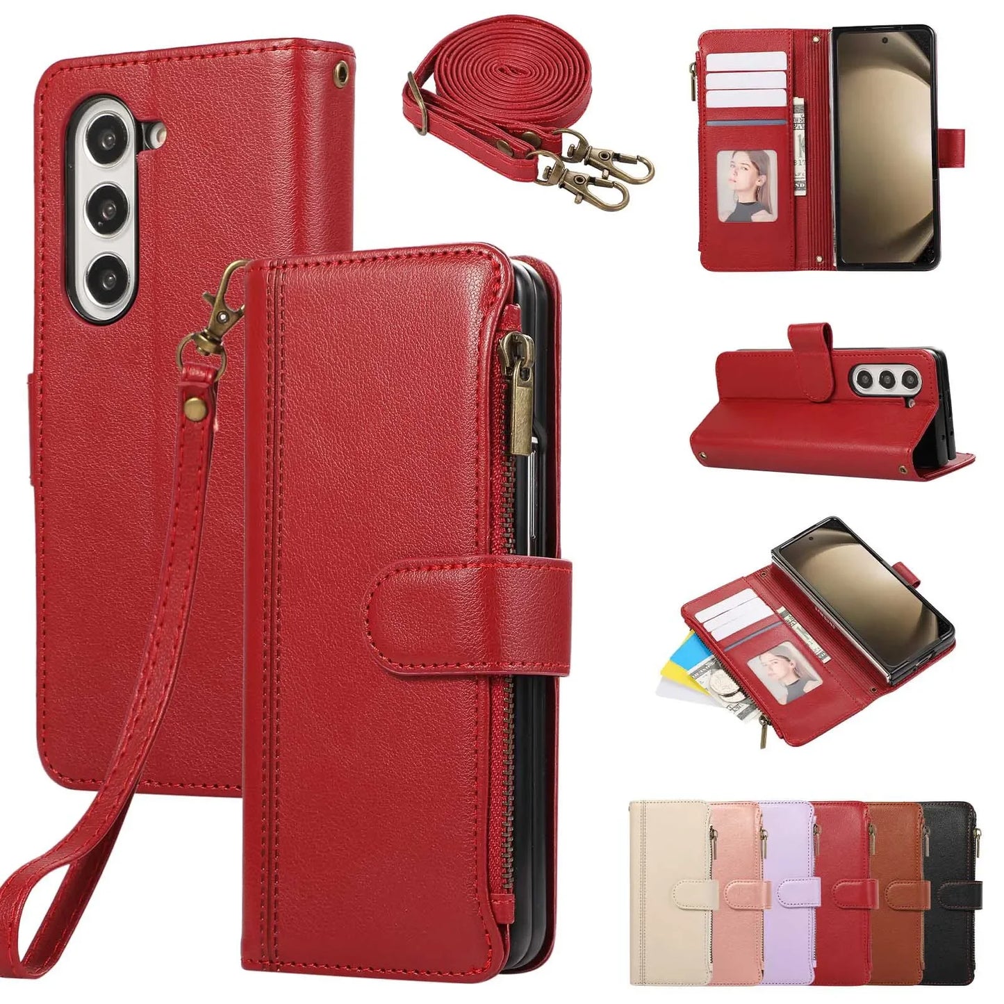 Lanyard+long Strap Crossbody Phone Case for Samsung Galaxy Z Fold 7 Fold6 5 4 3 Zipper&buckle Leather Card Holder Wallet Cover