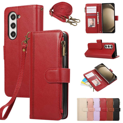 Lanyard+long Strap Crossbody Phone Case for Samsung Galaxy Z Fold 7 Fold6 5 4 3 Zipper&buckle Leather Card Holder Wallet Cover