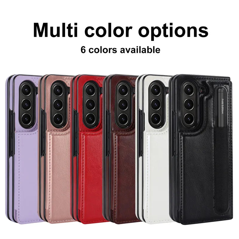 Pen Slot Leather Wallet Card Phone Case for Samsung Galaxy Z Fold 7 6 5 4 3 Fold6 Fold5 Fold4 Fold3 Retor Flip Stand Cover Etui