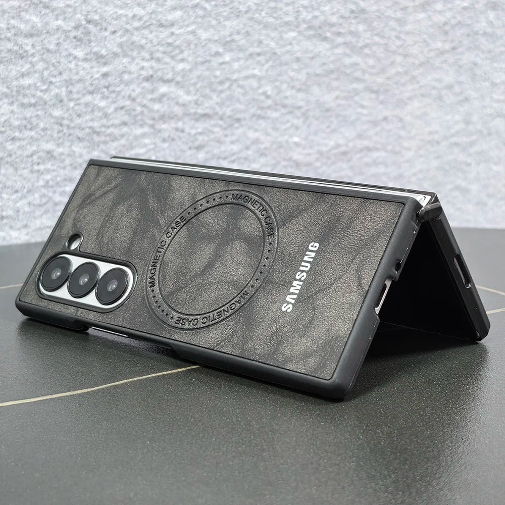 Magnetic Sheepskin Leather Case For Samsung Galaxy Z Fold 3 4 5 6 7 For Magsafe Wireless Charging Hard PC Protective Cover