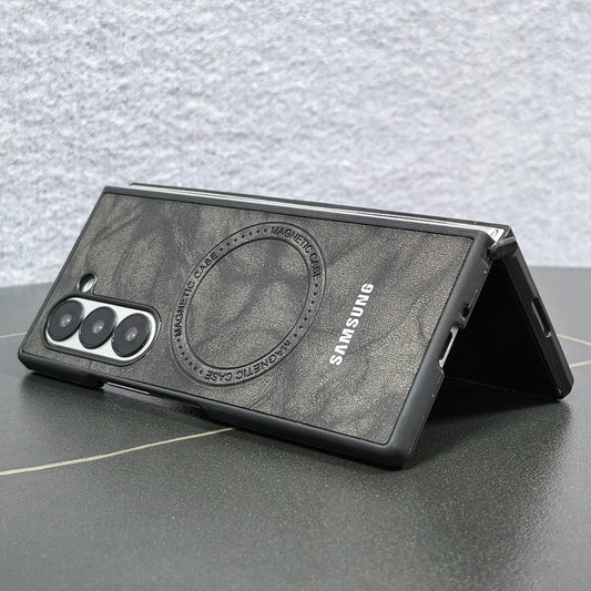 Magnetic Sheepskin Leather Case For Samsung Galaxy Z Fold 3 4 5 6 7 For Magsafe Wireless Charging Hard PC Protective Cover