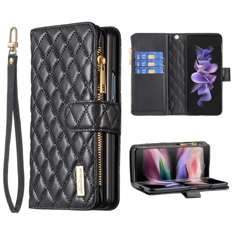 Luxury Lanyard Zipper Wallet Card Slot Phone Case For Samsung Galaxy Z Fold 7 6 5 4 3 Fold6 Fold5 Fold4 Leather Flip Stand Cover