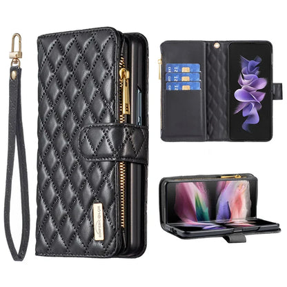 Luxury Lanyard Zipper Wallet Card Slot Phone Case For Samsung Galaxy Z Fold 7 6 5 4 3 Fold6 Fold5 Fold4 Leather Flip Stand Cover