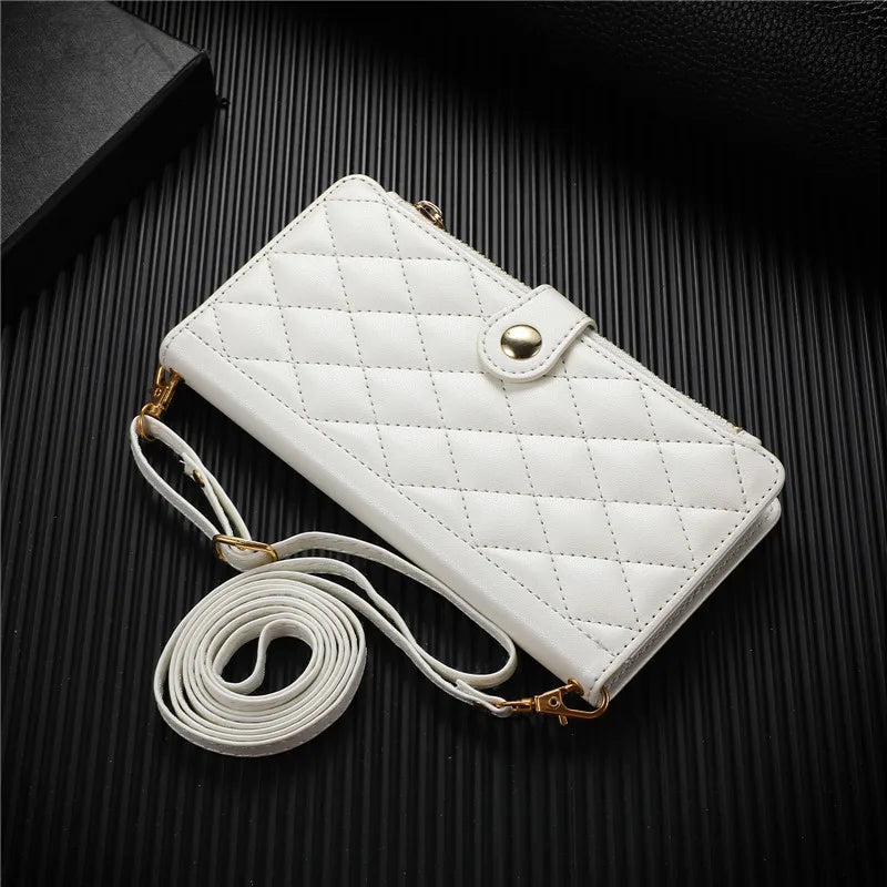 Crossbody Lanyard Leather Zip Wallet Card Slot Phone Case for Samsung Galaxy Z Fold 7 6 5 4 3 Wrist Strap Flip Stand Cover Etui