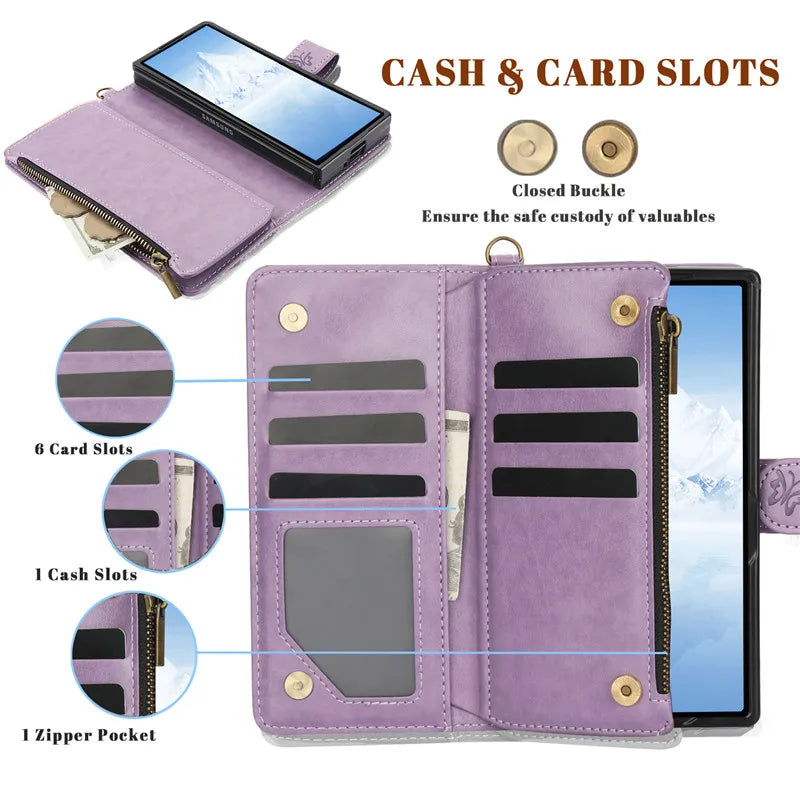 Lanyard Leather Zipper Wallet Multi Card Phone Case for Samsung Galaxy Z Fold 7 6 5 4 3 Fold6 Fold5 Fold4 Fold3 Flip Stand Cover