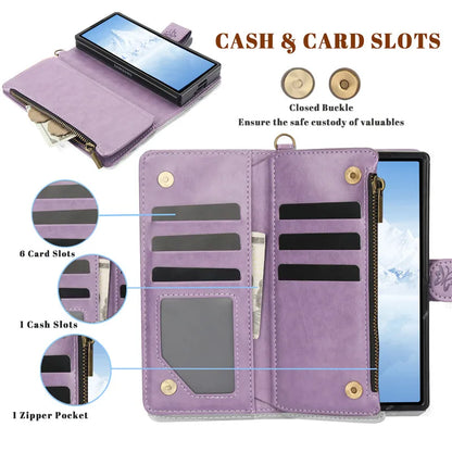 Lanyard Leather Zipper Wallet Multi Card Phone Case for Samsung Galaxy Z Fold 7 6 5 4 3 Fold6 Fold5 Fold4 Fold3 Flip Stand Cover